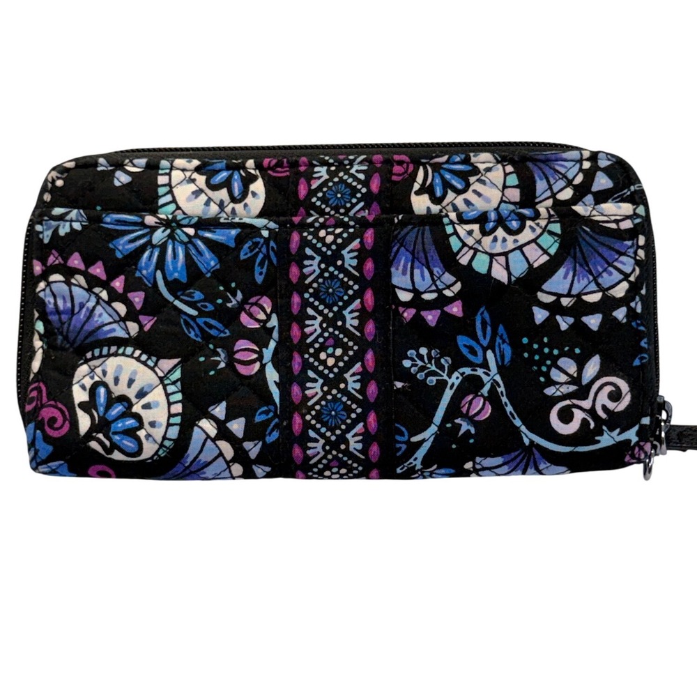 Vera Bradley Night and Day Quilted Cotton Zip Around Accordion Wallet Black Blue